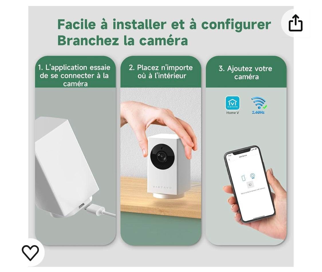 Virtavo Caméra Wifi de surveillance intérieure 1080p iOS/Androïd -4.900F