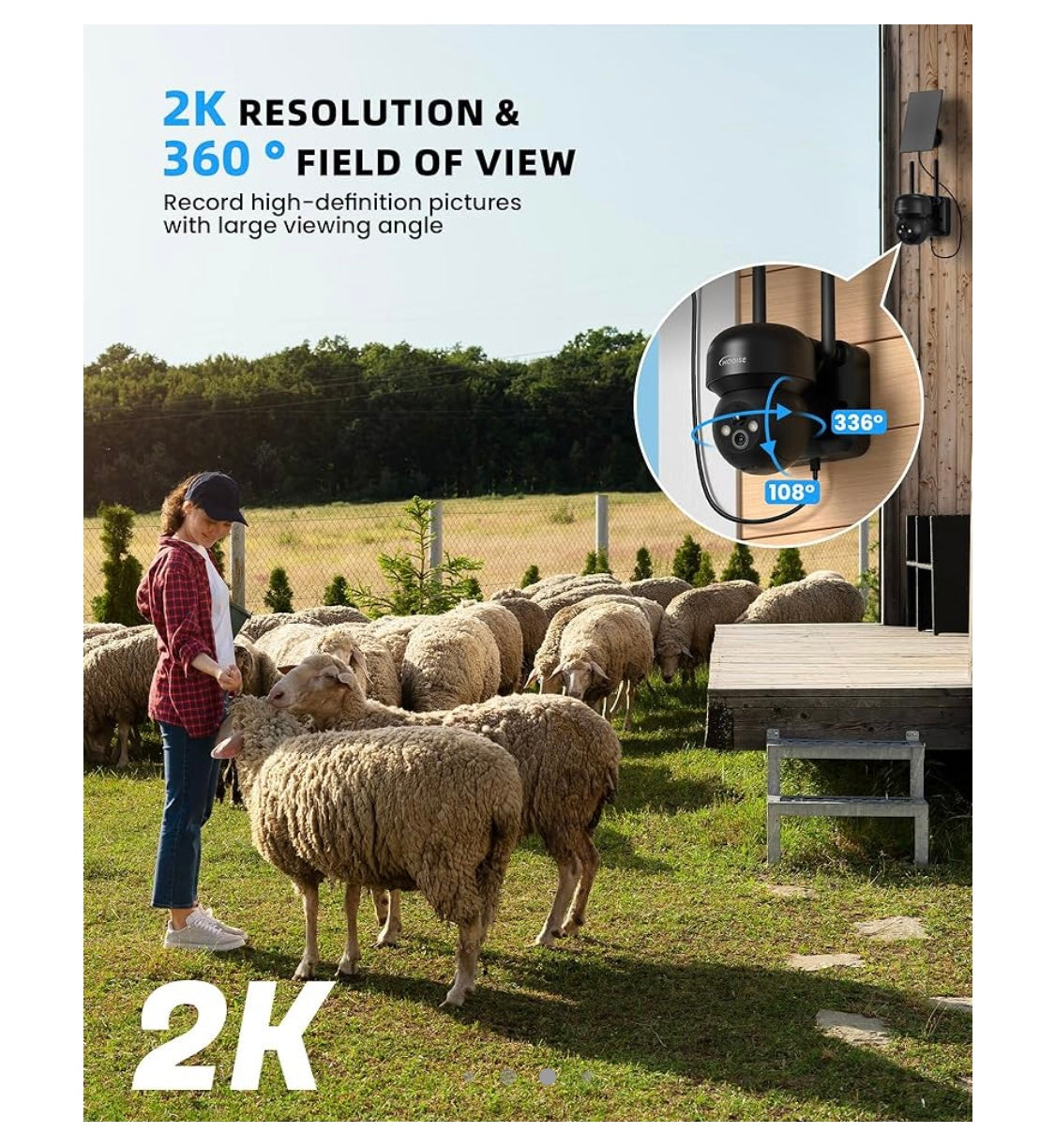 Hooise Caméra Wifi de surveillance extérieure 2K avec panneau solaire iOS/Androïd -10.000F