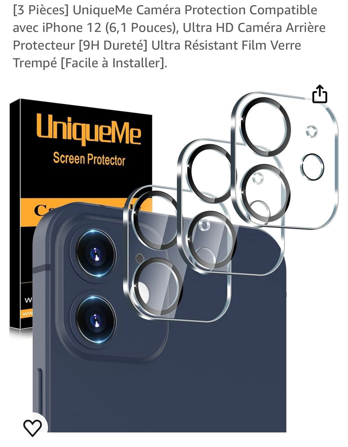 Protection verre trempé caméras arrière IPhone 12 (pack de 3) -Destockage !!!