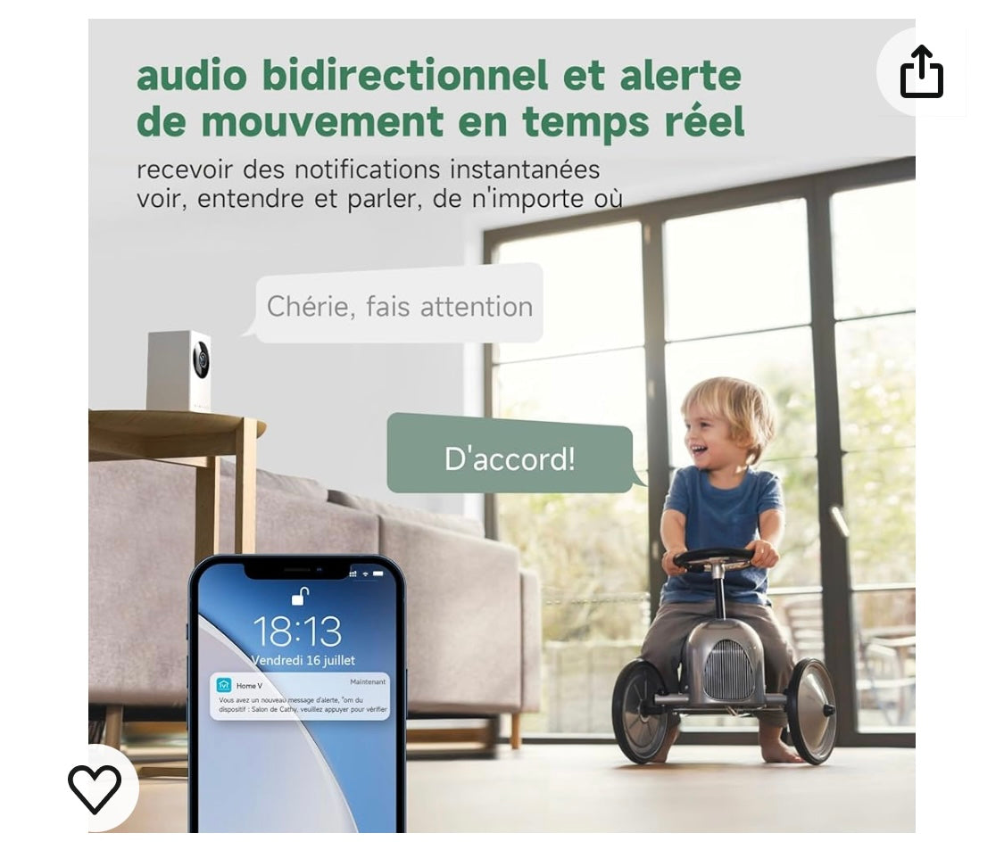 Virtavo Caméra Wifi de surveillance intérieure 1080p iOS/Androïd -4.900F