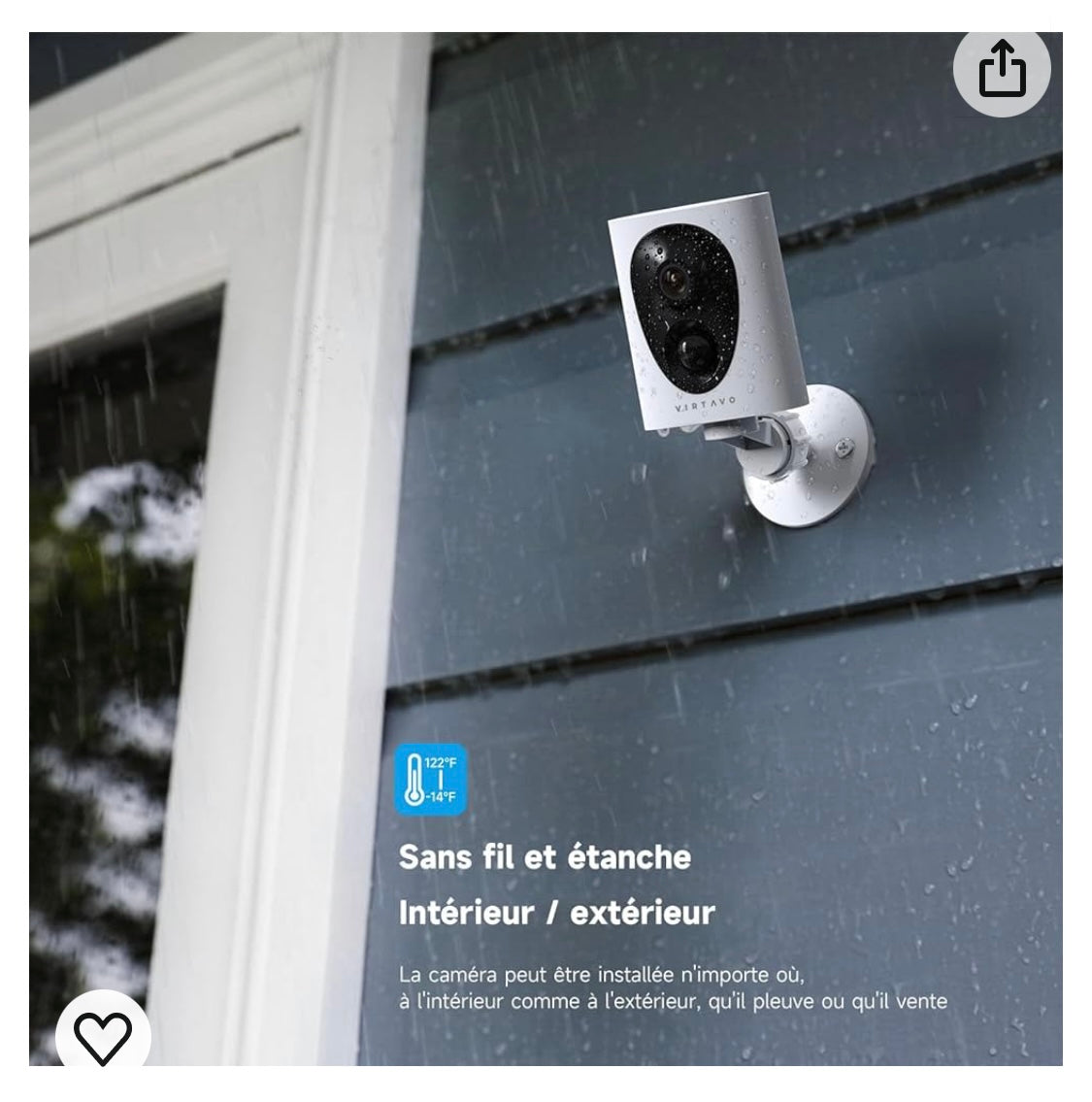 Virtavo Caméra Wifi de surveillance extérieure 1080p sur batterie iOS/Androïd -5.000F