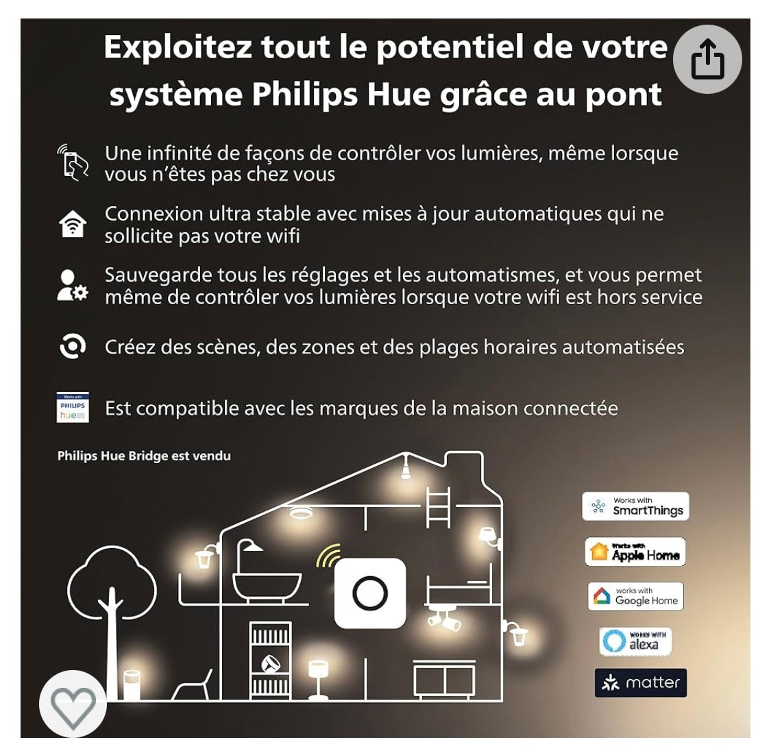 Ampoule connectée Philips Hue 800 lumens Wifi iOS/Androïd -4.9 »00F