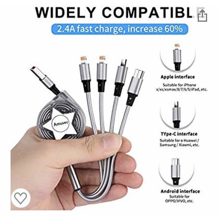 Câble 4 en 1 (2 Lightning/1 MicroUsb/1 Usb C) 1m -33% - GEO Gabon Shop Online