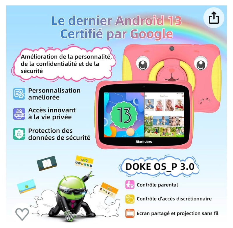 Tablette Enfants 7" Android 13 + Protection antichocs Rose -20.000F