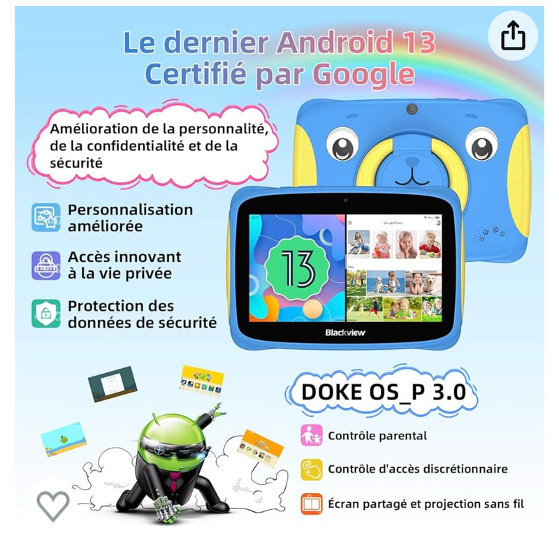 Tablette Enfants 7" Android 13 + Protection antichocs Bleue -20.000F