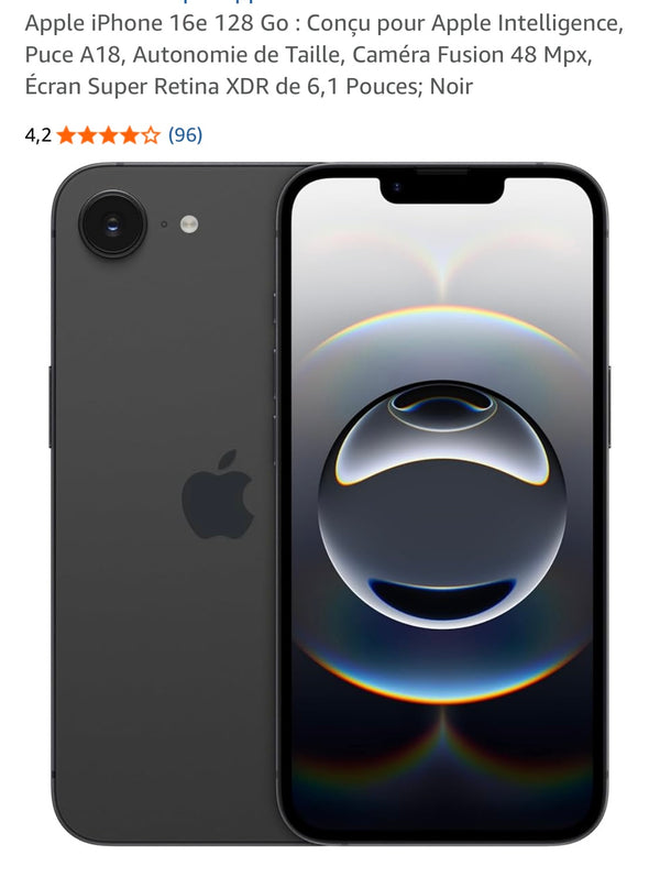 iPhone 16e 128 Go Noir 5g + 1 Coque + 1 Verre protection (neuf !!!) -100.000F