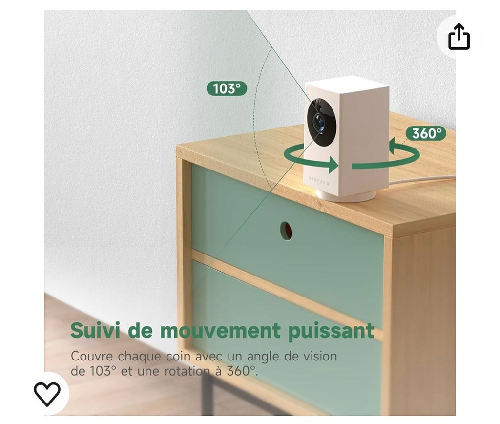 Virtavo Caméra Wifi de surveillance intérieure 1080p iOS/Androïd -4.900F