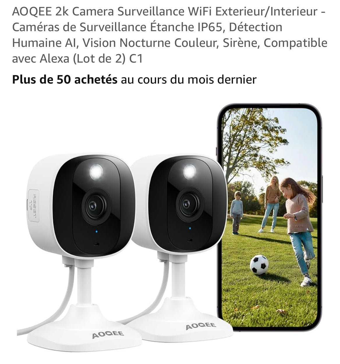 Aoqee pack 2 Caméras Wifi de surveillance intérieure 2K iOS/Androïd -20.000F