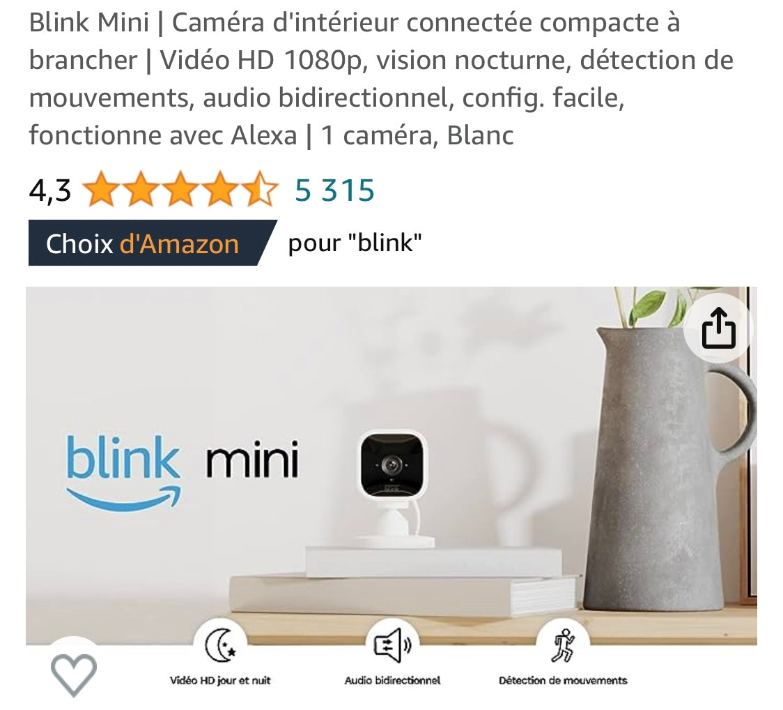 Blink mini Caméra Wifi de surveillance intérieure iOS/Androïd -15.000F