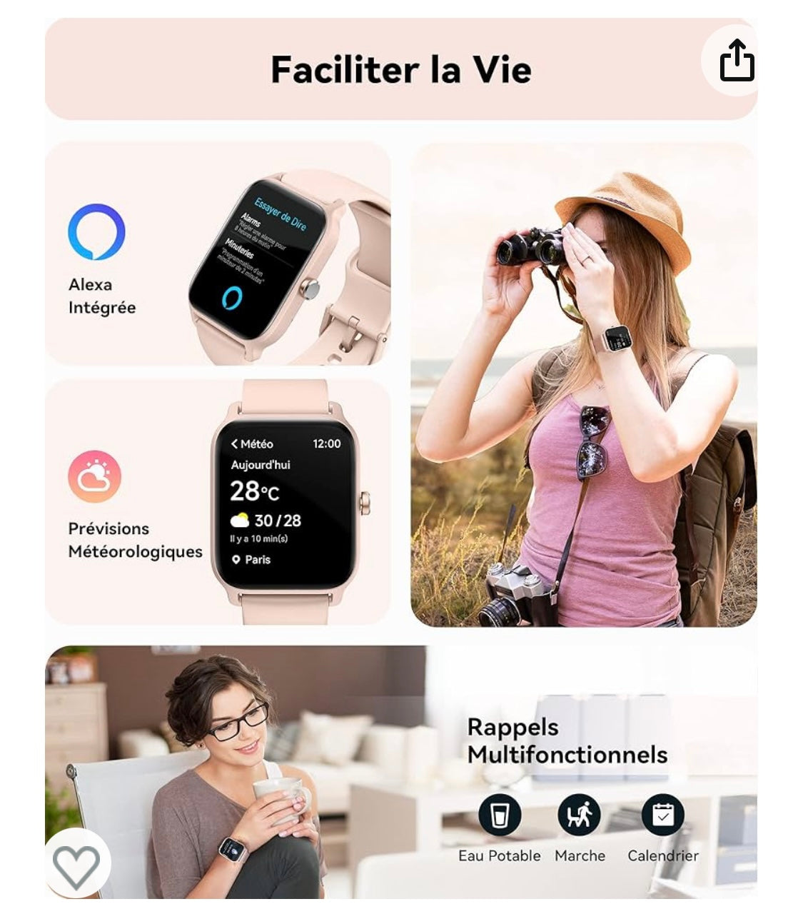 Montre Connectée Sport/Santé iOS/Androïd rose avec Alexa -10.000F