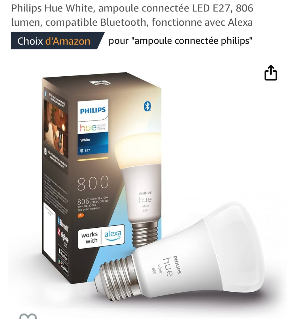 Ampoule connectée Philips Hue 800 lumens Wifi iOS/Androïd -4.9 »00F