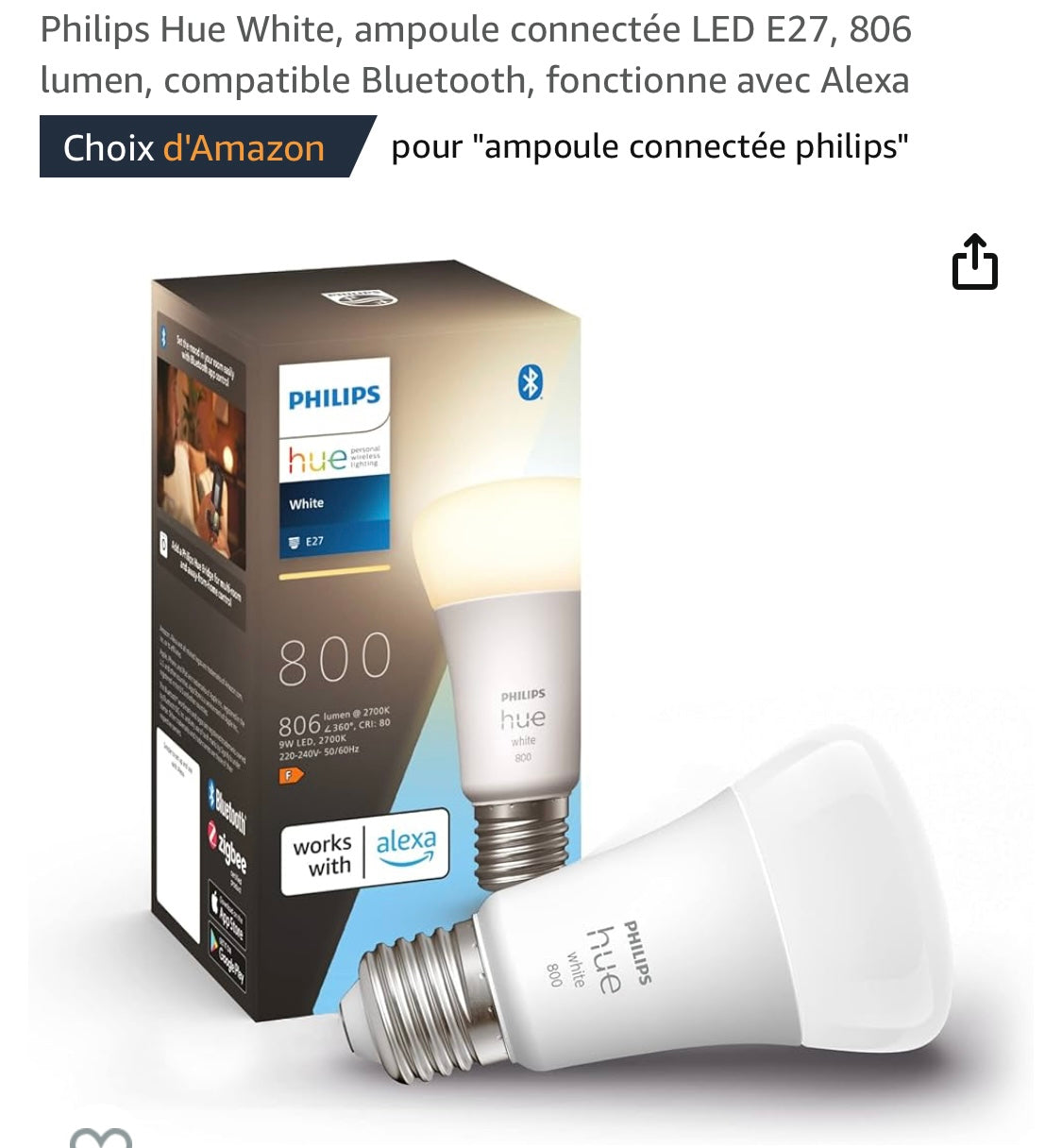 Ampoule connectée Philips Hue 800 lumens Wifi iOS/Androïd -4.9 »00F