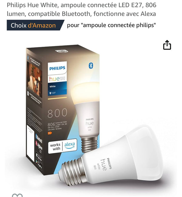 Ampoule connectée Philips Hue 800 lumens Wifi iOS/Androïd -4.9 »00F