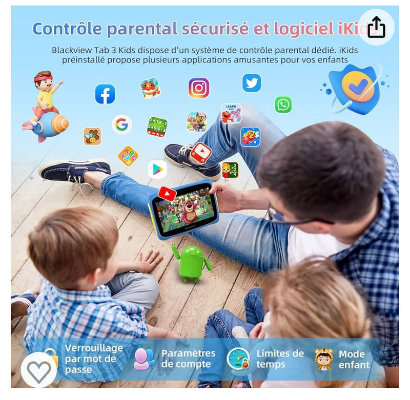 Tablette Enfants 7" Android 13 + Protection antichocs Bleue -20.000F