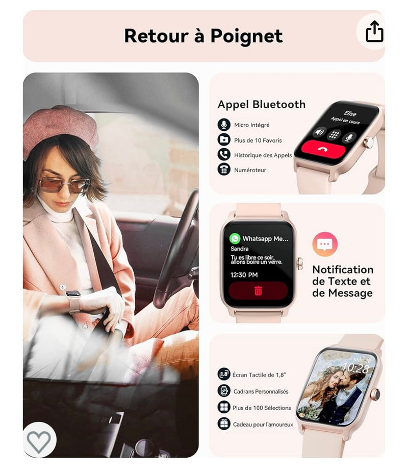 Montre Connectée iOS/Androïd rose avec Alexa -10.000F