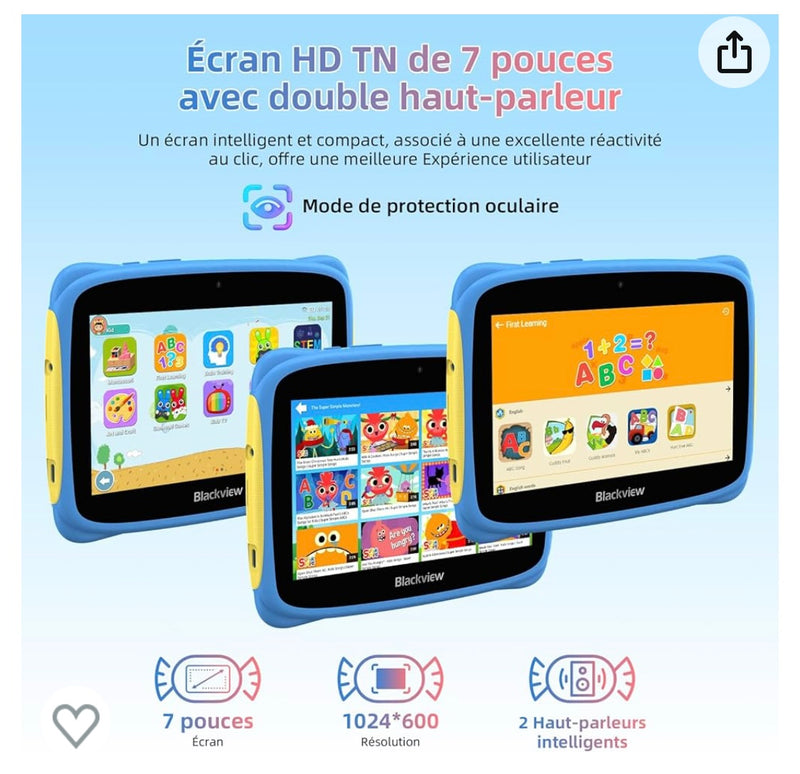 Tablette Enfants 7" Android 13 + Protection antichocs Bleue -20.000F