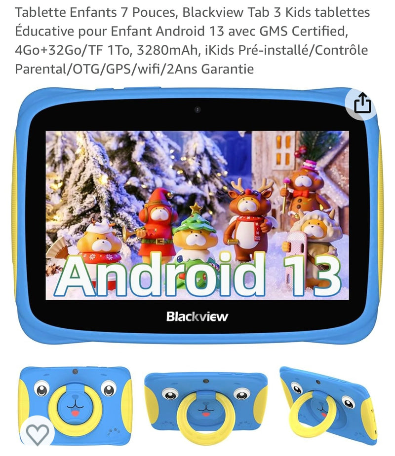 Tablette Enfants 7" Android 13 + Protection antichocs Bleue -20.000F