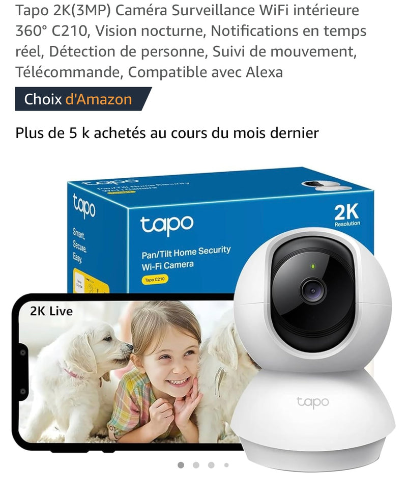 Caméra surveillance WiFi intérieure 2K 360 iOS/Androïd -10.000F