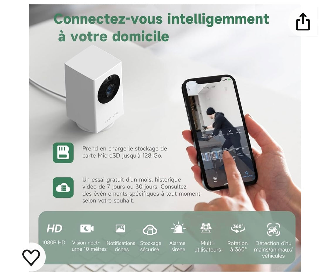 Virtavo Caméra Wifi de surveillance intérieure 1080p iOS/Androïd -4.900F