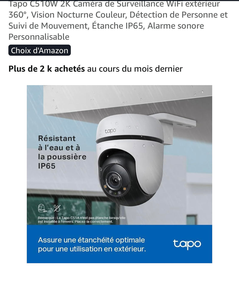 Tapo Caméra Wifi de surveillance extérieure motorisée 360 iOS/Androïd -20.000F