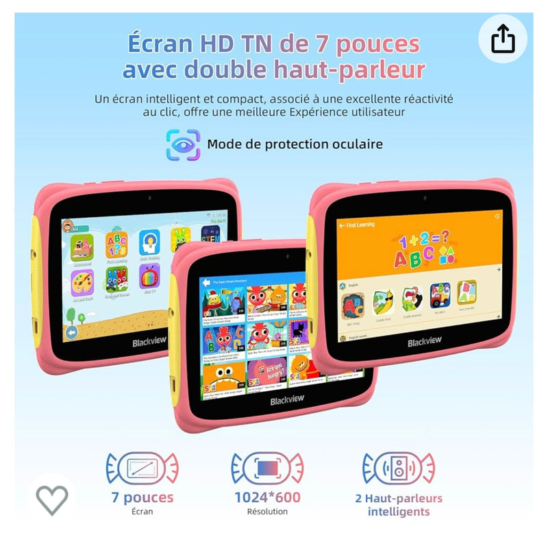 Tablette Enfants 7" Android 13 + Protection antichocs Rose -20.000F