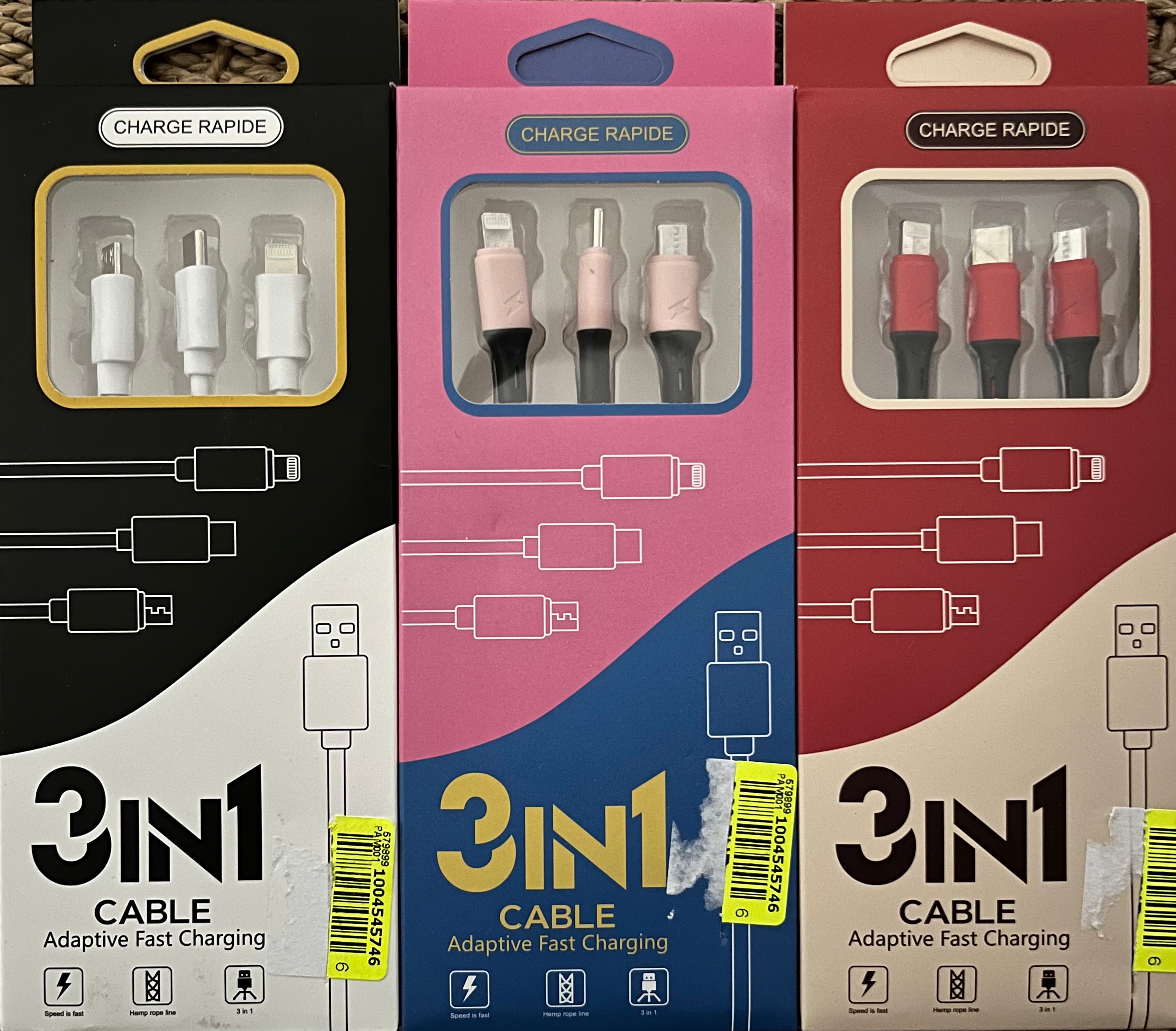 Cable 3 en 1 (Lightning/Usb C/Micro-Usb) 1m blanc, rouge ou rose