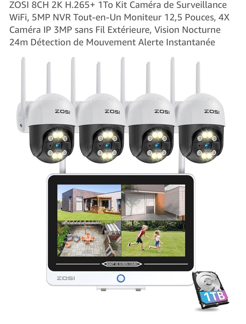 Pack 4 Caméras surveillance motorisée + Ecran + Stockage 1Tb WiFi extérieur 360 iOS/Androïd -19.900F