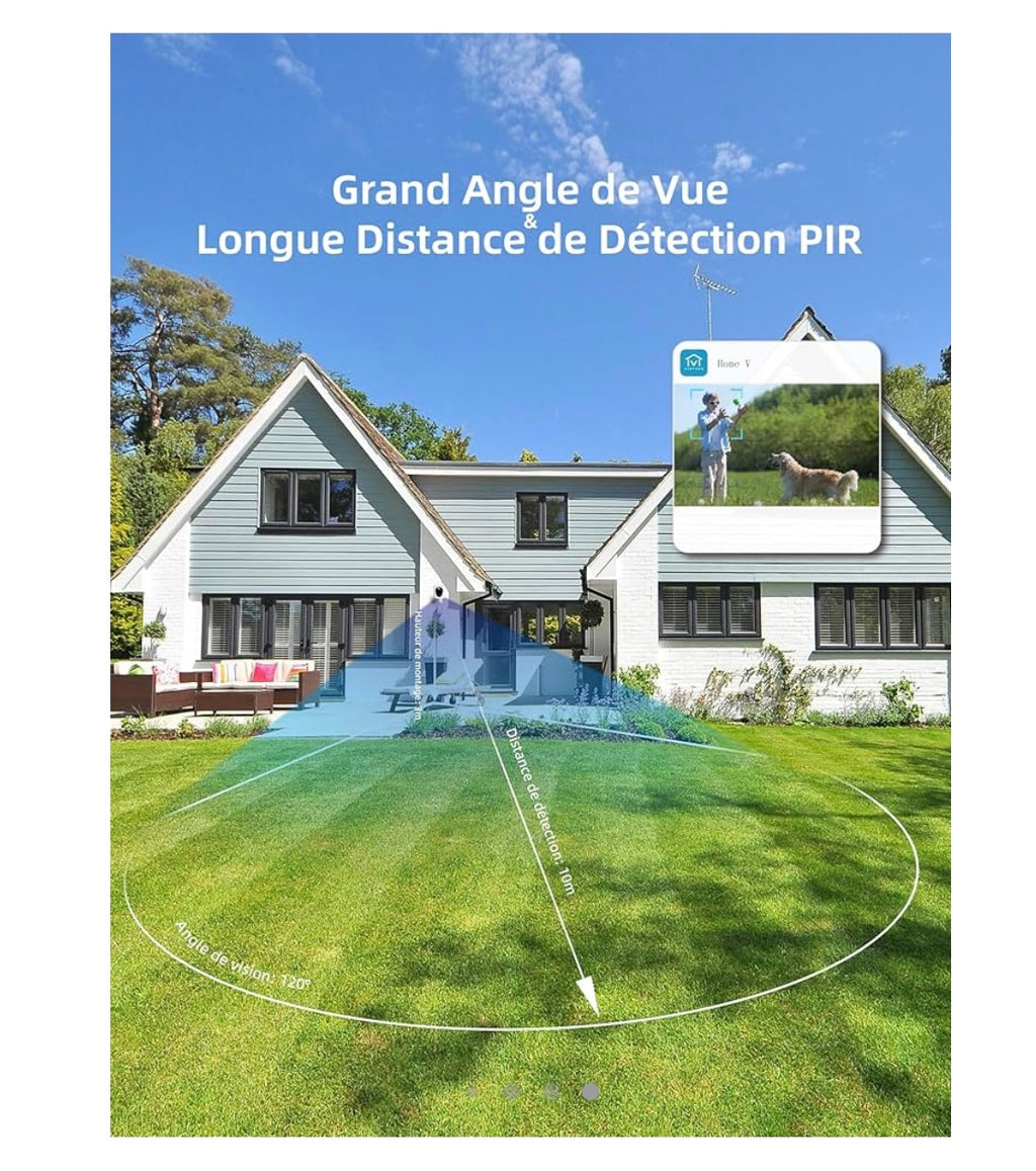 Virtavo Caméra Wifi de surveillance extérieure 2K sur batterie avec Panneau Solaire iOS/Androïd -10.000F
