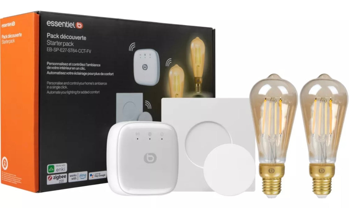 Pack découverte (2 ampoules filaments Edison E27 800 lumens White + Pont + Interrupteur) connectés -14.900F