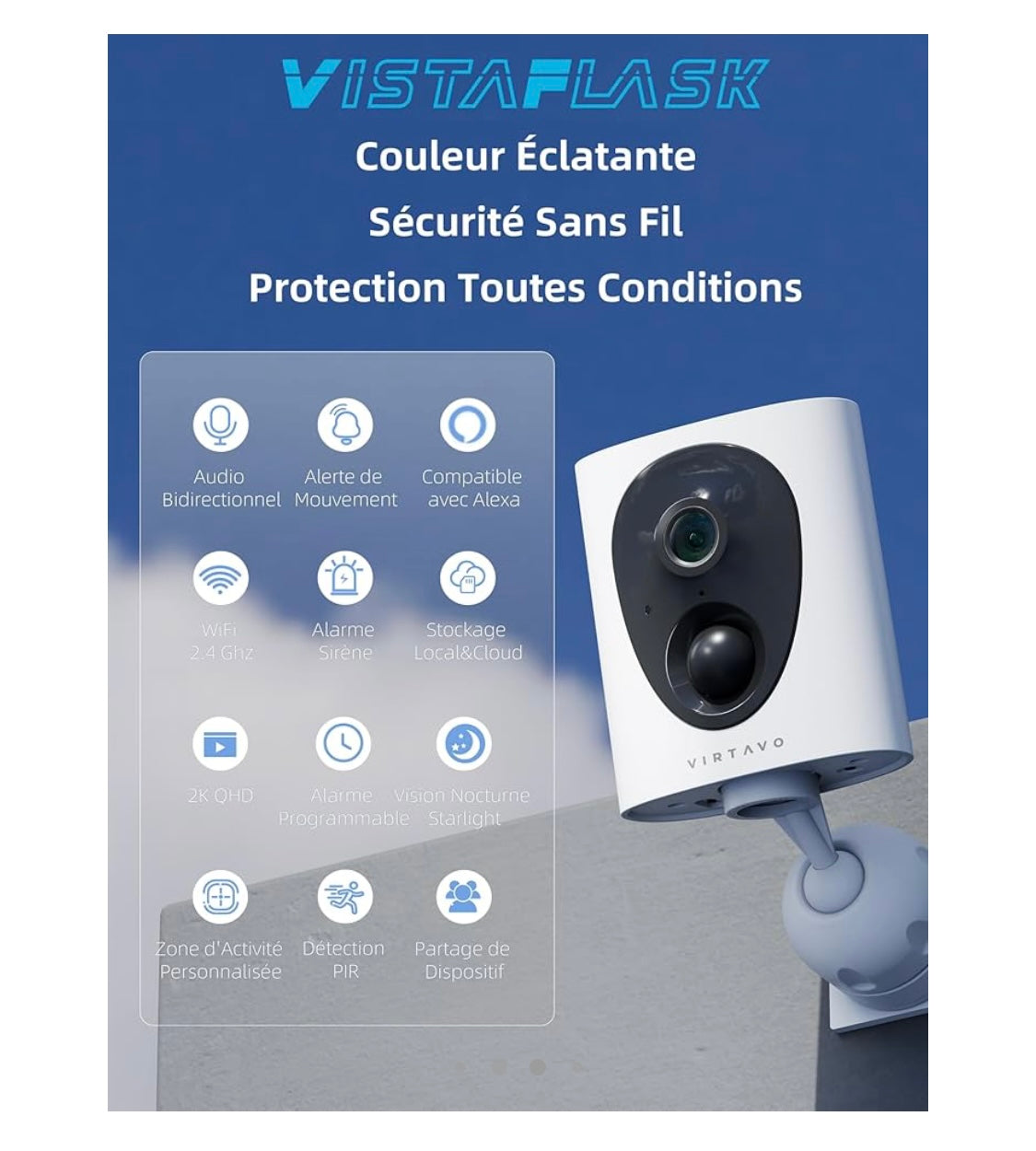 Virtavo Caméra Wifi de surveillance extérieure 2K sur batterie avec Panneau Solaire iOS/Androïd -10.000F