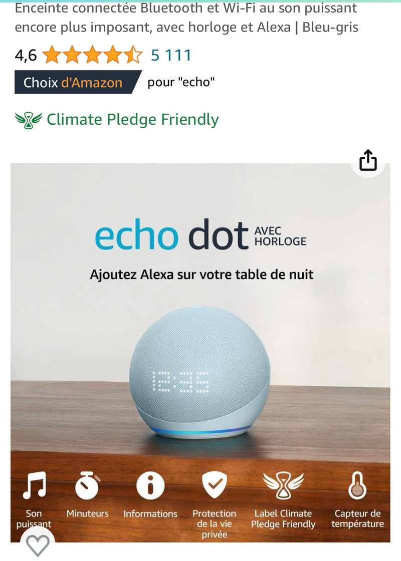 Echo Dot 5 Enceinte Connectée Bleu avec horloge et Alexa -20.000F