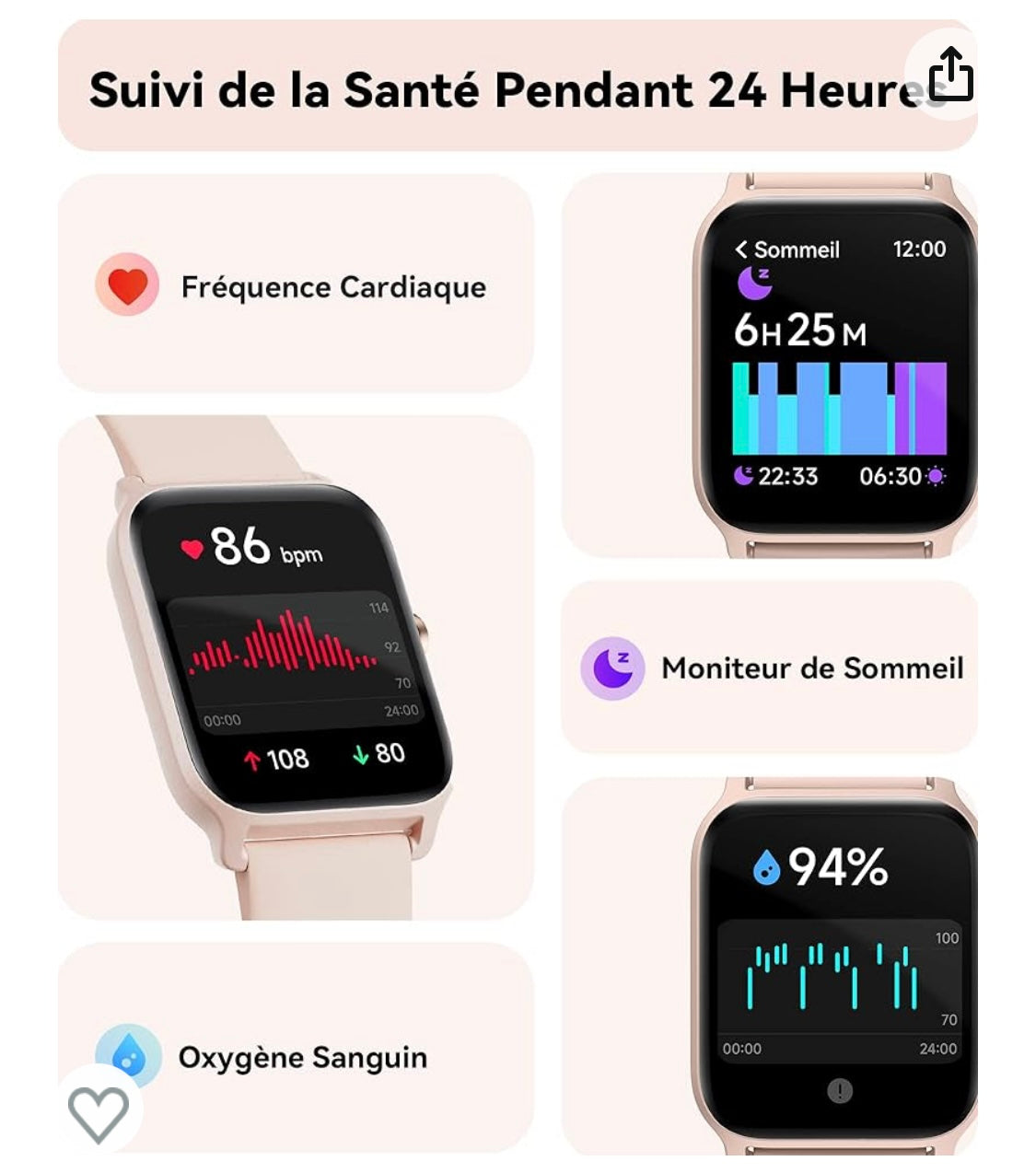 Montre Connectée Sport/Santé iOS/Androïd rose avec Alexa -10.000F