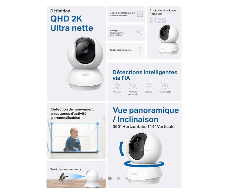 Caméra surveillance WiFi intérieure 2K 360 iOS/Androïd -10.000F