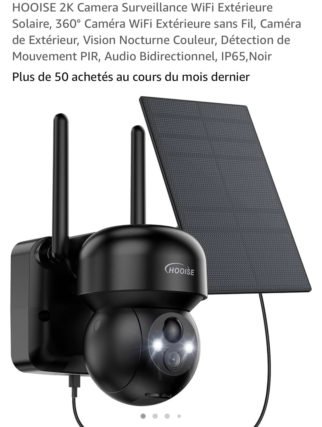 Hooise Caméra Wifi de surveillance extérieure 2K avec panneau solaire iOS/Androïd -10.000F