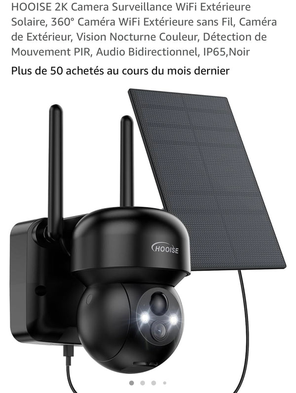 Hooise Caméra Wifi de surveillance extérieure 2K avec panneau solaire iOS/Androïd -10.000F