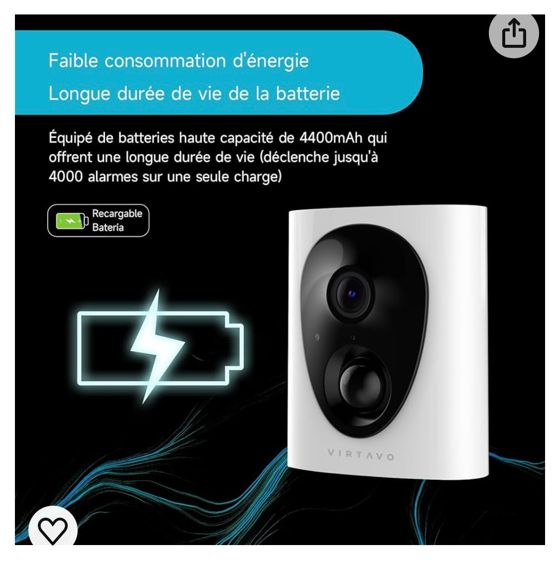 Virtavo Caméra Wifi de surveillance extérieure 1080p sur batterie iOS/Androïd -5.000F