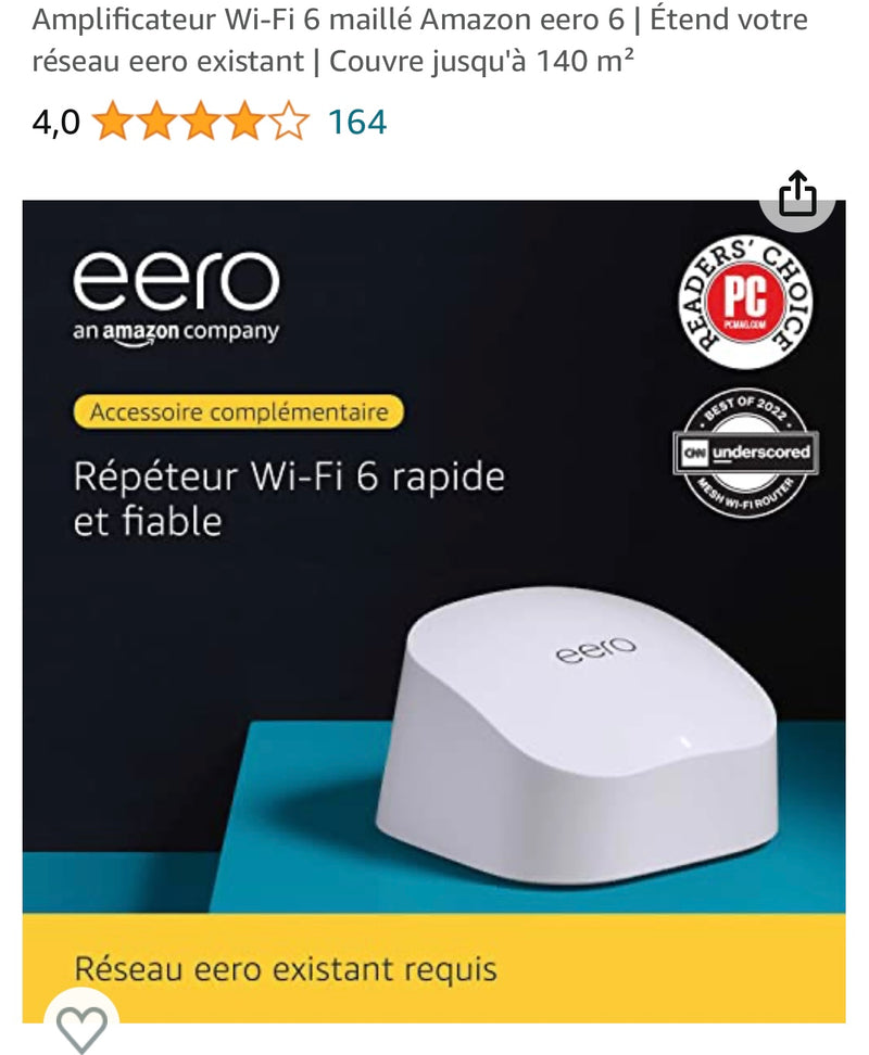 Wifi Répéteur Mesh eero 6 (étend réseau eero existant) -10.000F