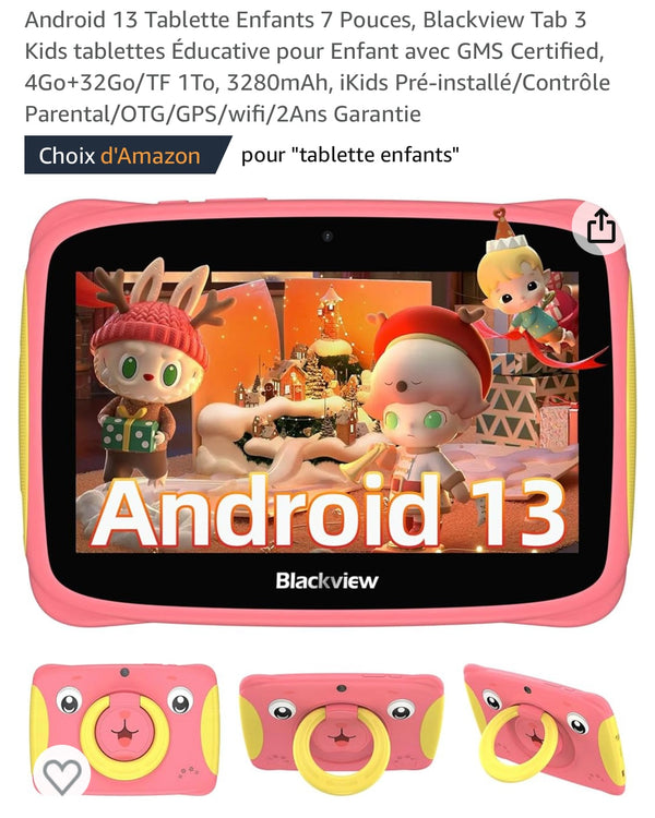 Tablette Enfants 7" Android 13 + Protection antichocs Rose -20.000F