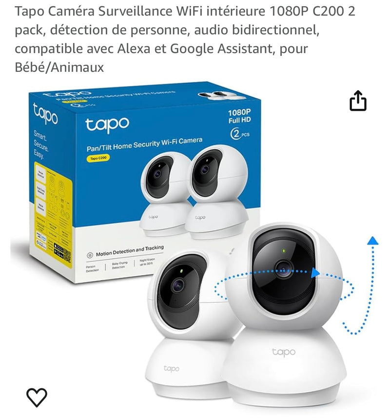 2 Caméras surveillance WiFi intérieur 360 iOS/Androïd -10.000F