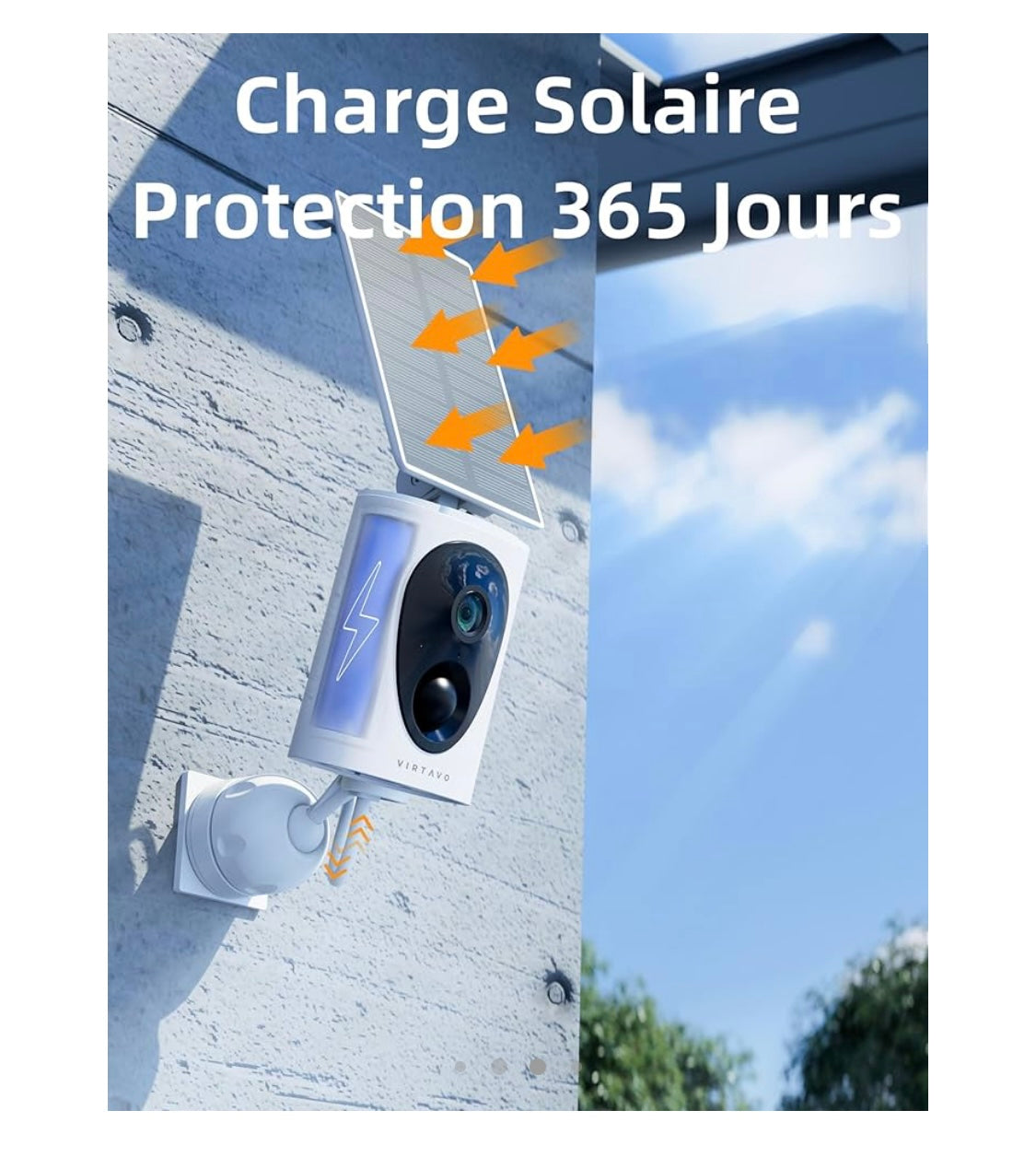 Virtavo Caméra Wifi de surveillance extérieure 2K sur batterie avec Panneau Solaire iOS/Androïd -10.000F