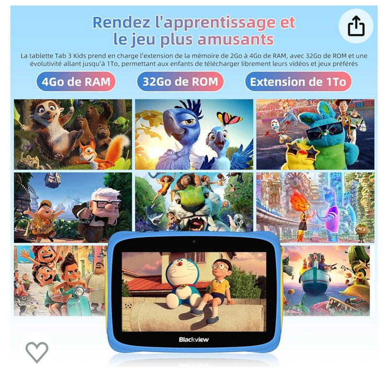 Tablette Enfants 7" Android 13 + Protection antichocs Bleue -20.000F