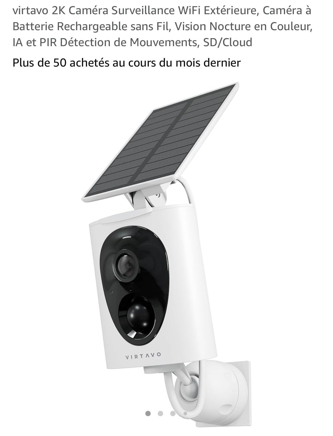 Virtavo Caméra Wifi de surveillance extérieure 2K sur batterie avec Panneau Solaire iOS/Androïd -10.000F