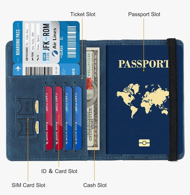 Porte Passeport/Billet Avion/4 Cb/2 Sims/Especes bleu -4.950F