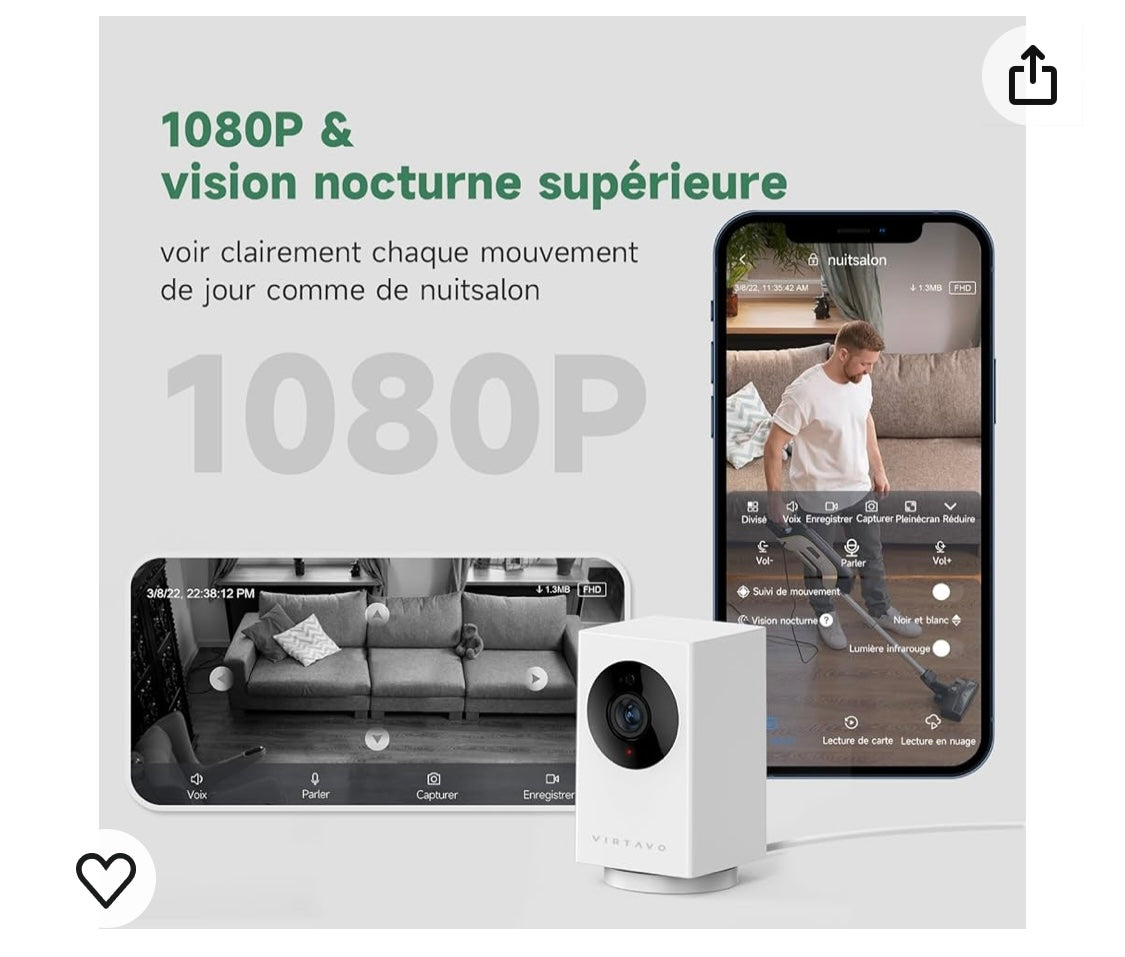 Virtavo Caméra Wifi de surveillance intérieure 1080p iOS/Androïd -4.900F