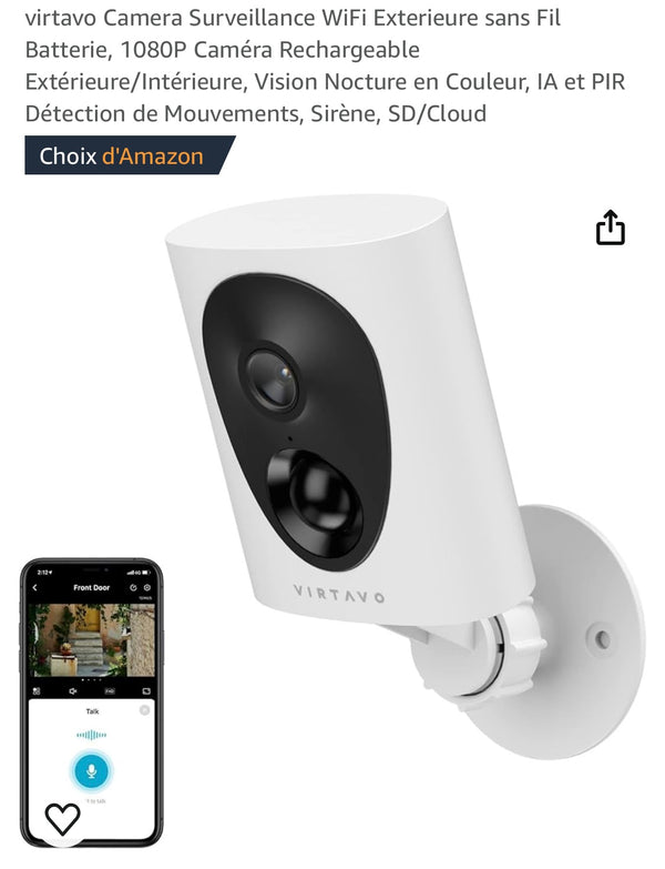 Virtavo Caméra Wifi de surveillance extérieure 1080p sur batterie iOS/Androïd -5.000F