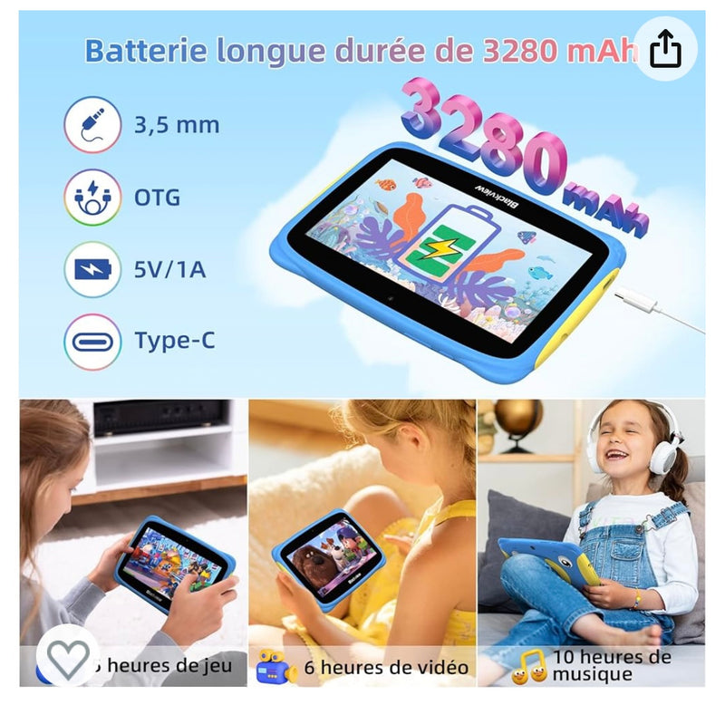 Tablette Enfants 7" Android 13 + Protection antichocs Bleue -20.000F