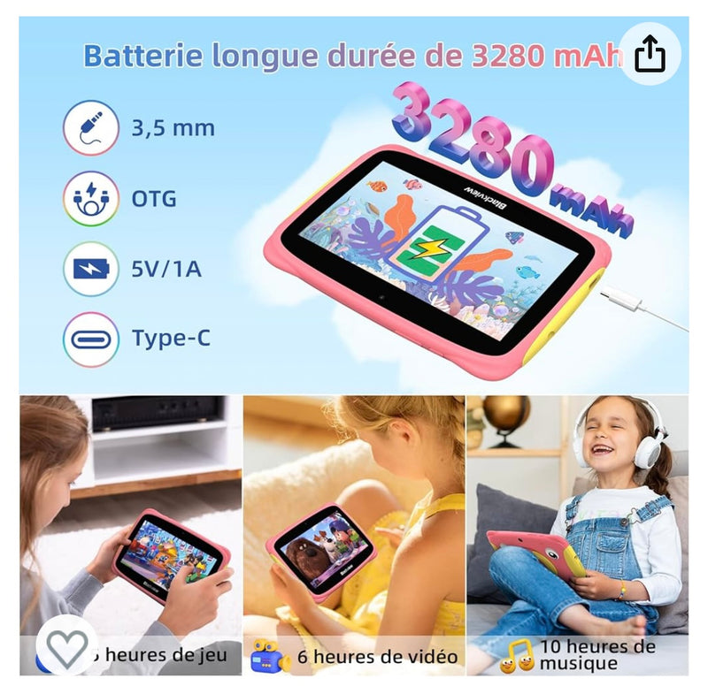 Tablette Enfants 7" Android 13 + Protection antichocs Rose -20.000F