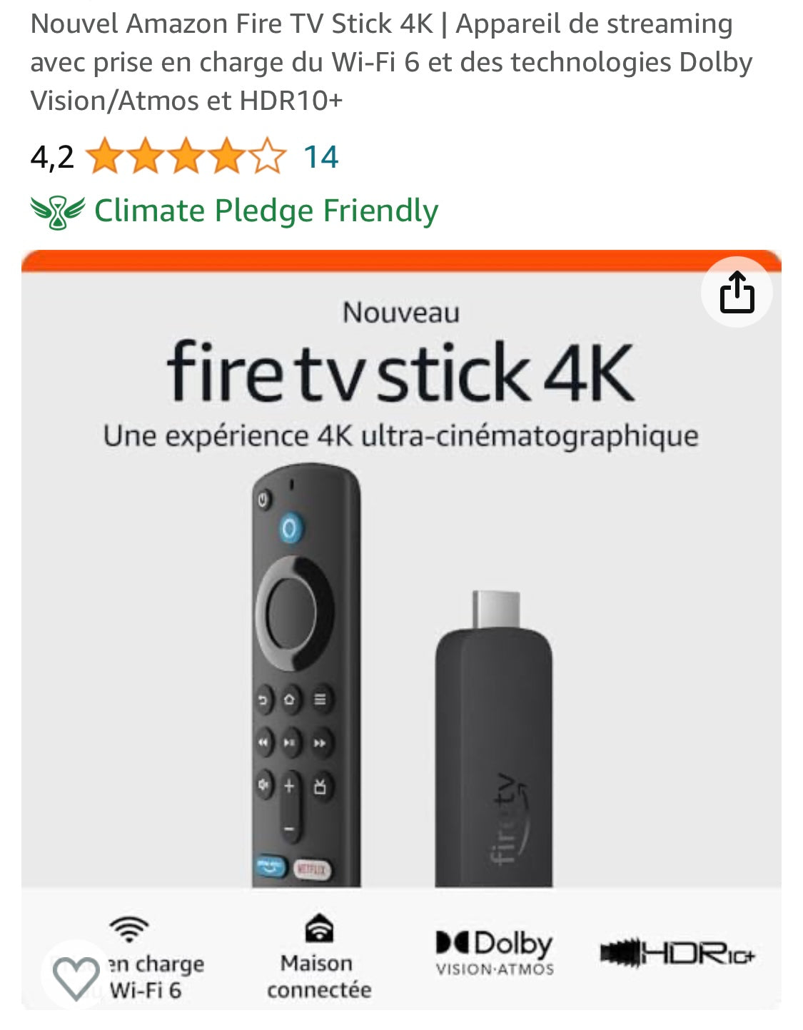 Nouveau Fire TV Stick 4K Ultra HD/Wi-Fi 6/Dolby Vision/Atmos -9.900 F