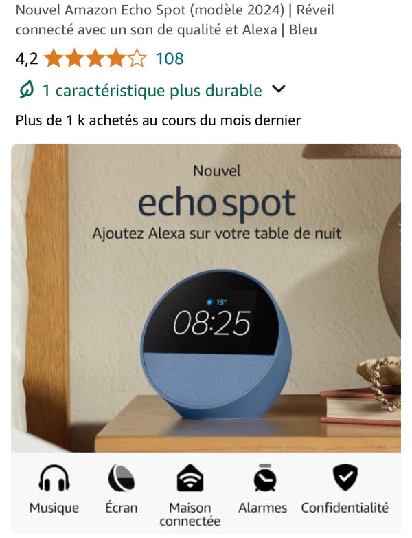 Echo Spot Réveil/Enceinte Connecté Bleu avec Alexa -20.000F
