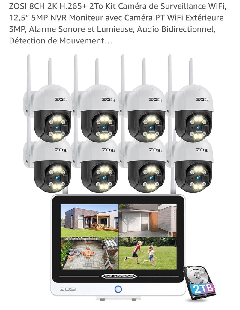 Pack 8 Caméras surveillance motorisée + Ecran + Stockage 2Tb WiFi extérieur 360 iOS/Androïd -100.000F